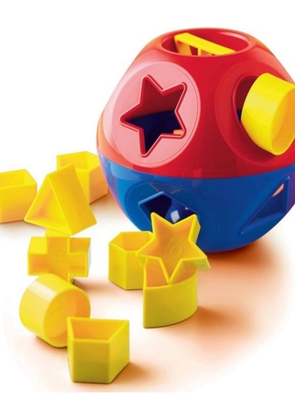 Tupperware Classic Shape Sorting Ball Puzzle Toy - Red & Blue with Yellow Shapes
